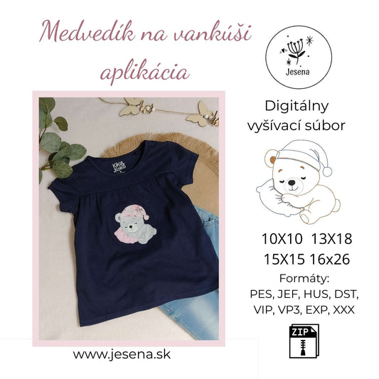 Výšivka Spiaci medvedík na vankúši - 10x10  13x18 16x26 aplikácia
