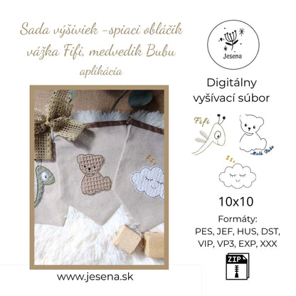 Sada výšiviek vážka Fifi, medvedík Bubu a spiaci obláčik 10x10