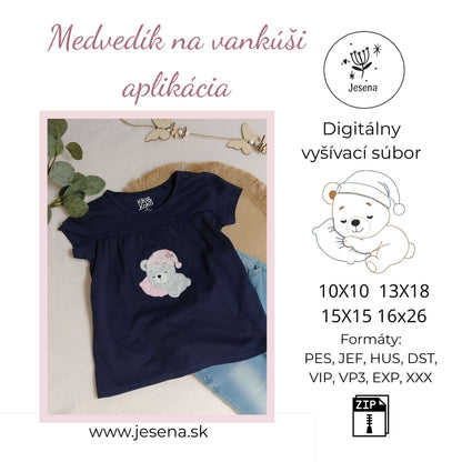 spiaci medvedík na vankúši výšivka