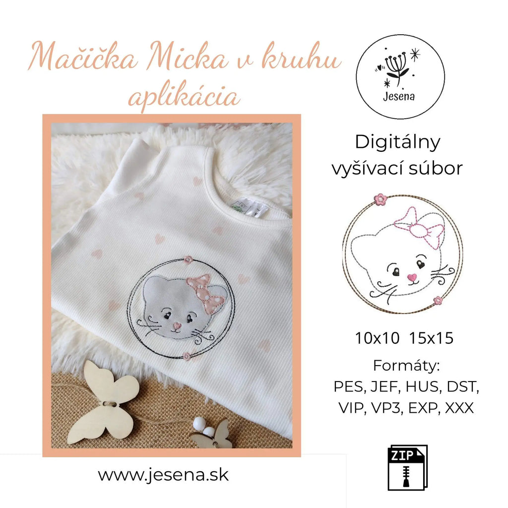 Výšivka mačička Micka v kruhu formát 10x10,15x15 