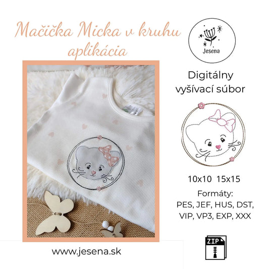 Výšivka mačička Micka v kruhu formát 10x10,15x15 